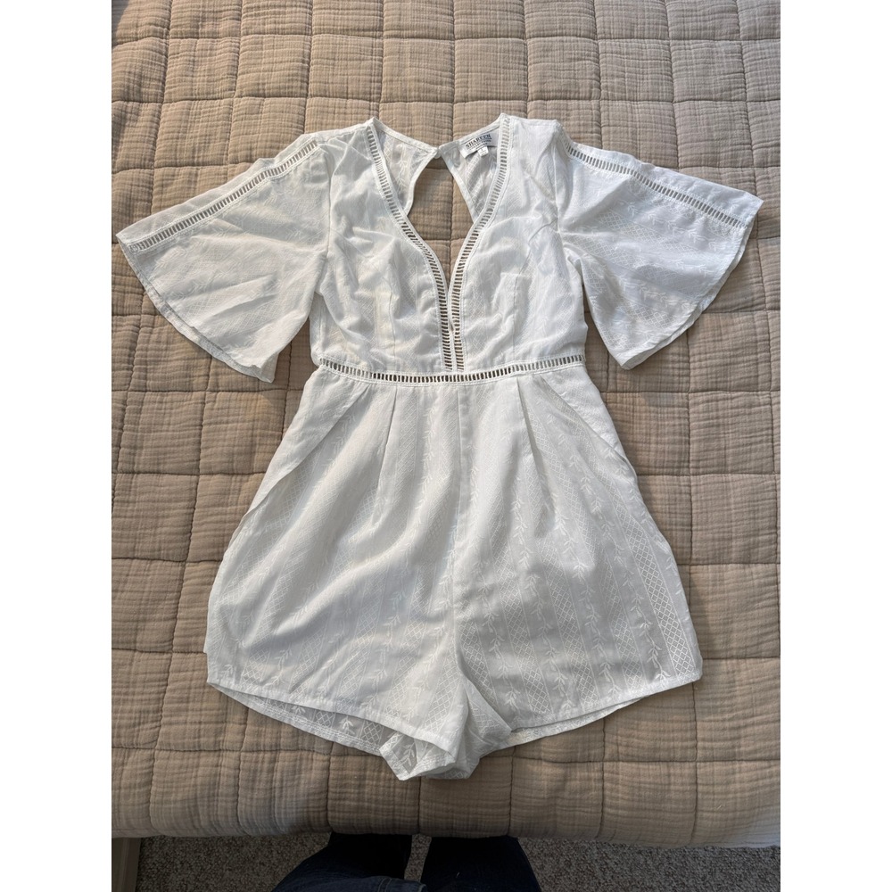 Shareen Romper‎ Womens L White Eyelet Lace Open Back Tie Flutter Sleeve Boho